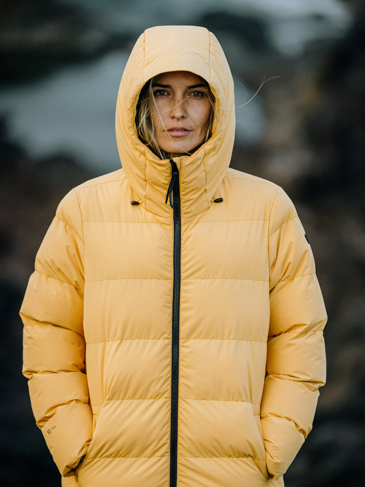 Long yellow cheap puffer coat