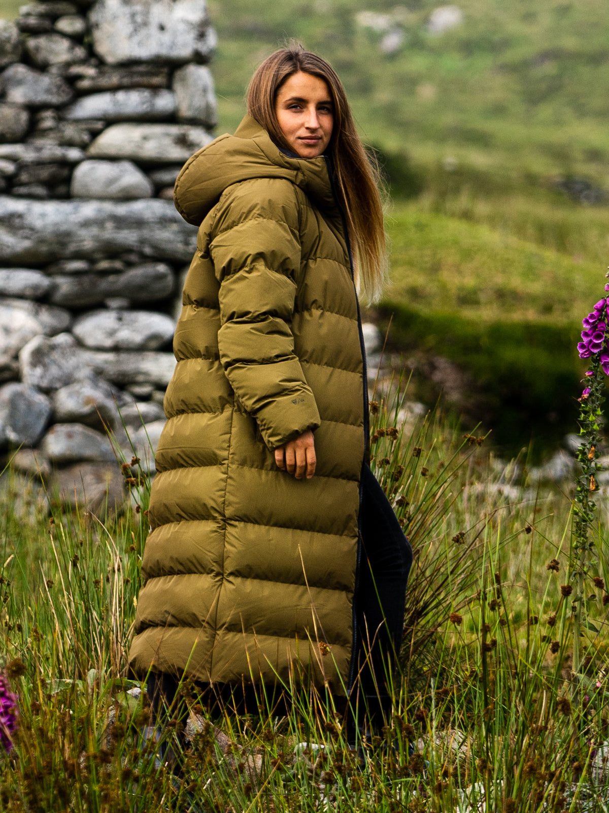 Ladies long puffer on sale jacket