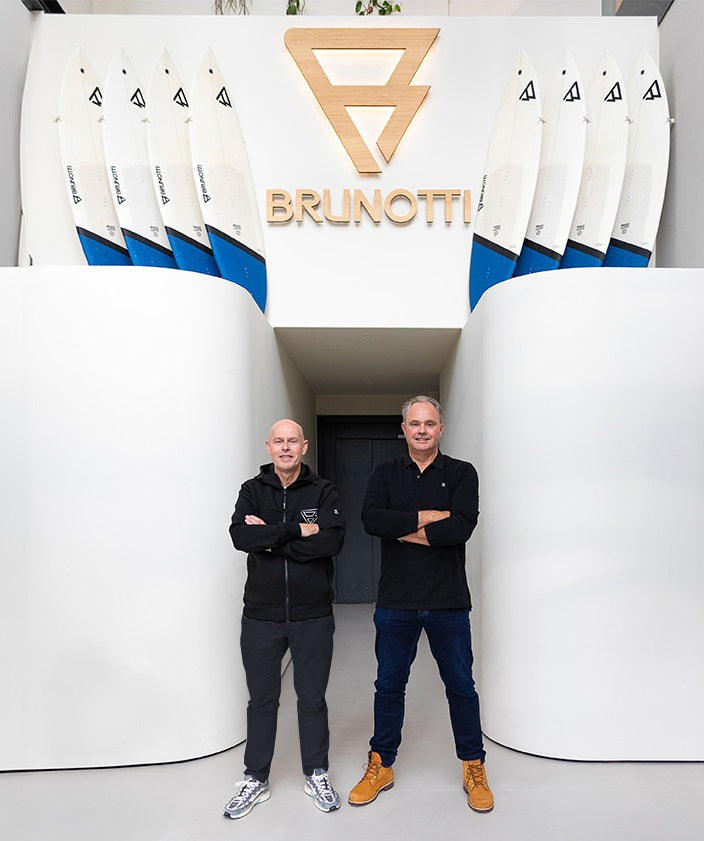 Jeroen van der Wind (CEO) and Sven Bleekemolen (CCO) take over Brunotti and stand in the entrance of the Bruntti Headquearters. Arond them the Brunotti Logo and Brumotti Surf Board